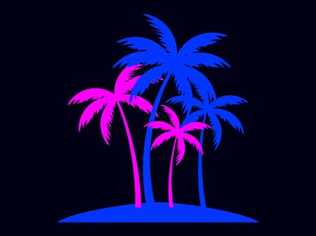 Palm trees in blue and pink. Fashionable color trends for printing, advertising and printing. Summer time 80s retro sci-fi. Vector illustrationのイラスト素材