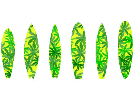 Set of surfboards with a pattern of palm leaves. Printed surfboards isolated on white background. Vector illustrationのイラスト素材