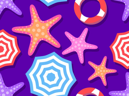 Beach seamless pattern, top view. Beach umbrella and towel on violet background, starfish. Flat...