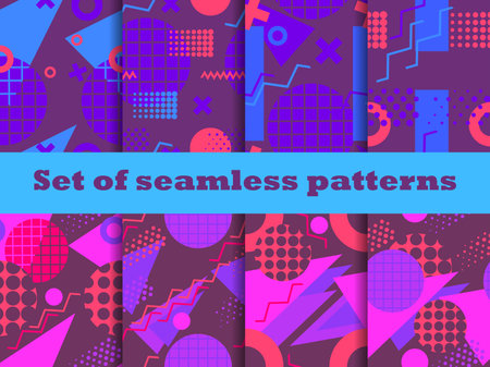 Memphis seamless patterns set. Geometric elements of Memphis in the style of the 80s. Colorful...