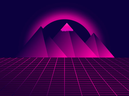 80s retro sci-fi pyramids. Futuristic background with grid and pyramids. Landscape in virtual...