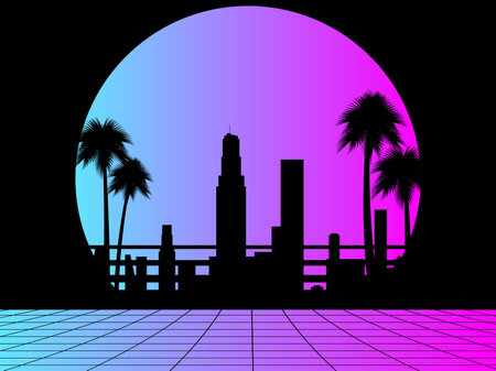80s retro sci-fi city. City landscape with palm trees and futuristic sunset. Synthwave and retrowave...