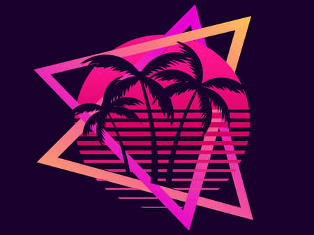 80s retro sci-fi palm trees on a sunset. Retro futuristic sun with palm trees. Summer time. Synthwave and retrowave style. Vector illustrationのイラスト素材