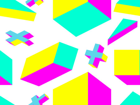 3d isometric memphis style seamless pattern. Geometric shapes in memphis style 80s. Background for...
