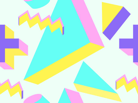3d isometric memphis style seamless pattern. Geometric shapes in memphis style 80s. Background for...