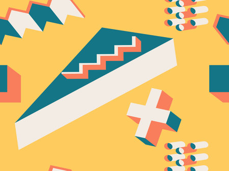 Seamless pattern 3d isometric geometric shapes in memphis style 80s. Background for promotional...
