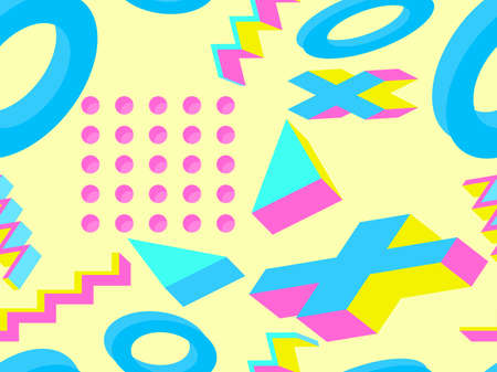 3d isometric memphis style seamless pattern. Geometric shapes in memphis style 80s. Background for promotional products, wrapping paper and printing. Vector illustrationのイラスト素材