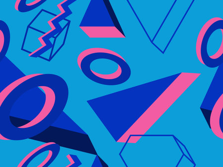 Memphis seamless pattern with geometric shapes in style of the 80s. 3d isometric geometric abstract...