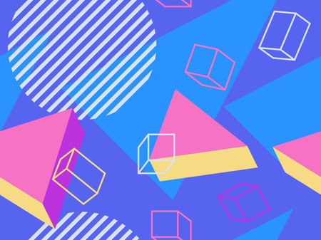 Memphis seamless pattern with geometric shapes in style of the 80s. 3d isometric geometric abstract...