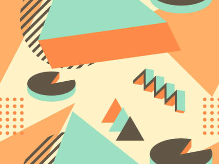 Memphis seamless pattern with geometric shapes in style of the 80s. 3d isometric geometric abstract background. Background for promotional products, wrapping paper and printing. Vector illustrationのイラスト素材