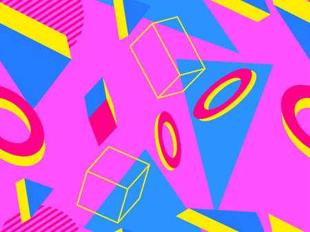 3d geometric seamless pattern in style of the 80s. 3d isometric triangles, squares and circles....