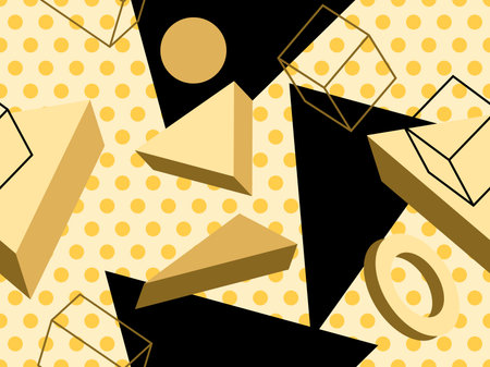 3d geometric seamless pattern in style of the 80s. 3d isometric triangles, squares and circles....