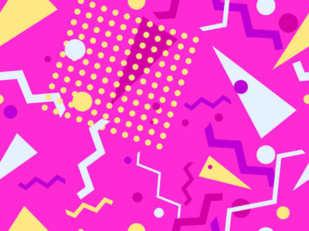 Geometric seamless pattern in style of the 80s. Zigzags and triangles, dots in pop art style. Background for promotional products, wrapping paper and printing. Vector illustrationのイラスト素材