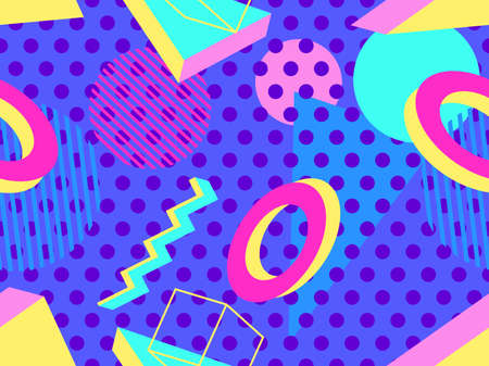 3d geometric seamless pattern in style of the 80s. 3d isometric triangles, squares and circles. Background for promotional products, wrapping paper and printing. Vector illustrationのイラスト素材