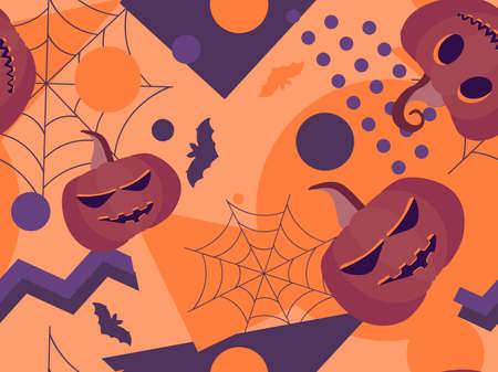 Halloween seamless pattern with scary pumpkins, bats, spider webs and geometric shapes in 80s style. Halloween background for wrapping paper, print, fabric and printing. Vector illustrationのイラスト素材