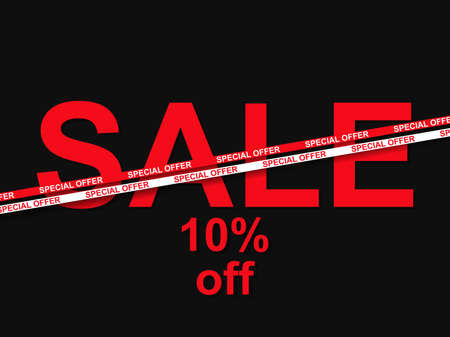 Sale, special offer 10% off. Sale tape ribbon on black background. Black friday. Design for promotional items, banners, coupon and gift cards. Vector illustrationのイラスト素材