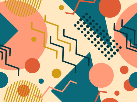 Geometric seamless pattern with triangles and dots. Memphis style. Retro fashion 80s background for wrapping paper, print, fabric and printing. Vector illustrationのイラスト素材