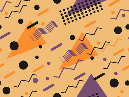 Geometric seamless pattern with triangles and dots. Memphis style. Retro fashion 80s background for wrapping paper, print, fabric and printing. Vector illustrationのイラスト素材