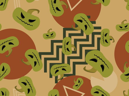 Halloween seamless pattern with scary pumpkins and geometric shapes in the style of the 80s. Retro...