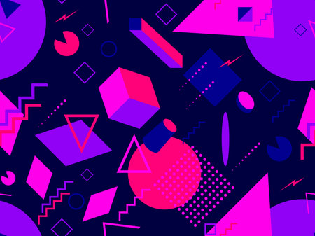 Seamless pattern with geometric shapes in the style of the 80s. Multicolored vintage background with...