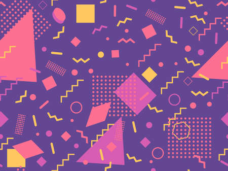 Seamless pattern with geometric shapes in the style of the 80s. Multicolored vintage background with triangles, circles and squares for brochures, banners and wrapping paper. Vector illustrationのイラスト素材