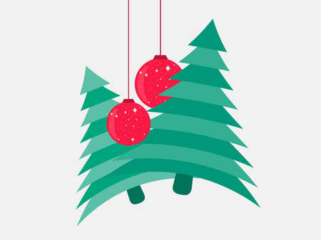 Two Christmas trees and hanging red Christmas balls on white bakcground. Green and red color. Festive design for greeting cards and poster. Vector illustrationのイラスト素材