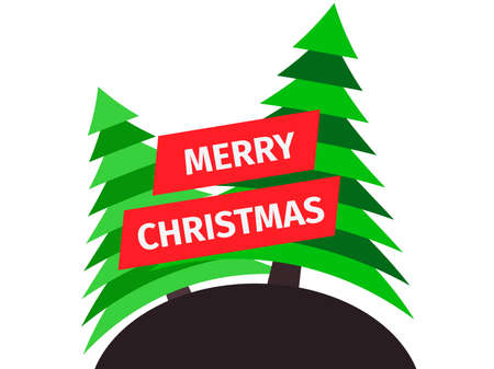 Merry Christmas. Two Christmas trees isoleted on white background. Green and red color. Festive design for greeting cards and poster. Vector illustrationのイラスト素材