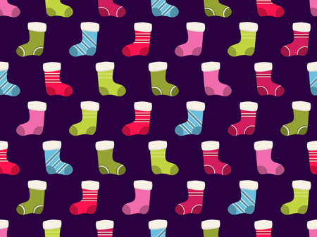 Christmas Stocking seamless pattern. Festive background with Christmas socks for greeting cards, wrapping paper, banners and posters. Vector illustrationのイラスト素材