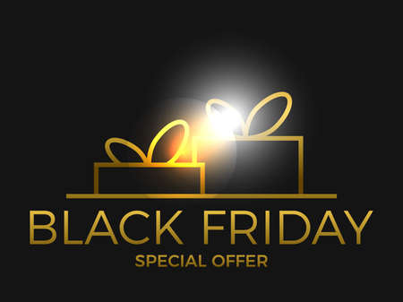 Black Friday special offer gold color. Gift boxes with bows on a black background. Design for promotional items, banner, flyers and gift cards. Vector illustrationのイラスト素材