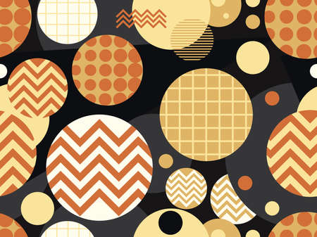 Seamless pattern with geometric shapes in the style of the 80s. Circles with zigzags. Background with triangles, circles and squares for brochures, banners and wrapping paper. Vector illustrationのイラスト素材