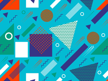 80s style geometric seamless pattern with muted colors. Multicolored vintage background with...