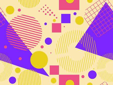 Seamless pattern with geometric shapes in the style of the 80s. Multicolored vintage background with...