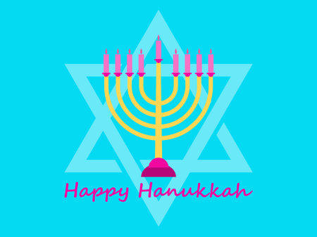 Happy Hanukkah. Menorah with nine candles and Star of David. Jewish festival greeting card. Vector...