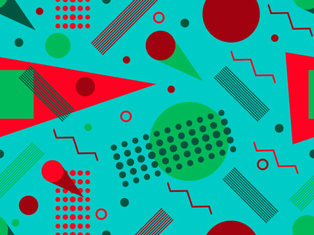Seamless pattern with geometric shapes in the style of the 80s. Multicolored vintage background with...