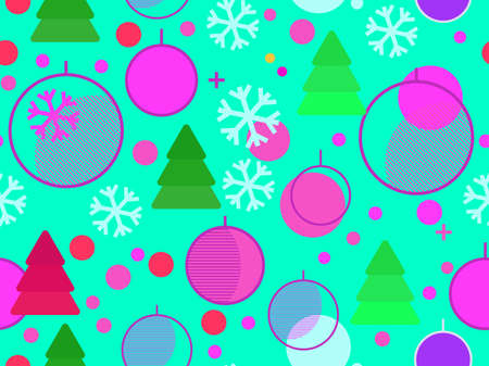 Christmas seamless pattern. Christmas balls in a linear style, snowflakes and geometric Christmas trees made of triangles in the 80s style. Vector illustrationのイラスト素材