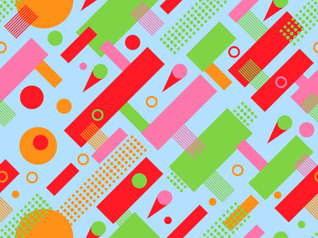 Seamless pattern with geometric shapes in the style of the 80s. Multicolored vintage background with...