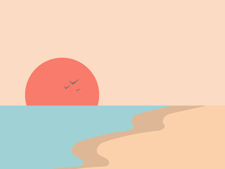 Landscape in a minimalist style, line art. Coast, seascape. Boho decor for prints, posters and interior design. Mid Century modern decor. Vector illustrationのイラスト素材