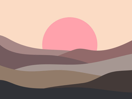 Wavy landscape in a minimalistic style. Sunset landscape with hills. Red sun. Boho decor for prints, posters and interior design. Mid Century modern decor. Trend style. Vector illustrationのイラスト素材
