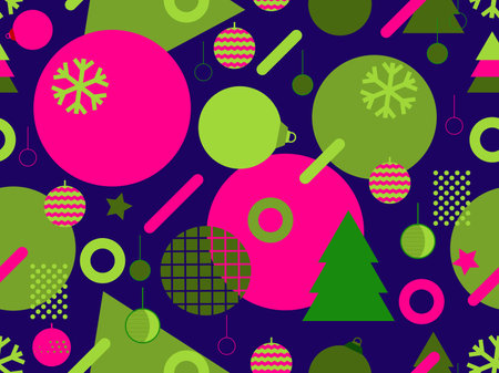 Christmas seamless pattern with Christmas decorations and geometric shapes in 80s style. Festive background for greeting cards, wrapping paper and banners. Vector illustrationのイラスト素材