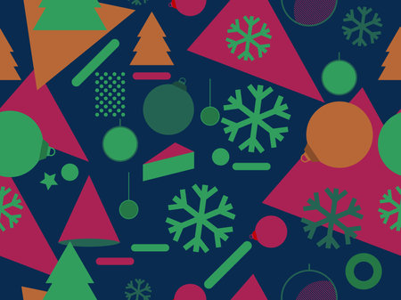 Christmas seamless pattern with Christmas decorations and geometric shapes in 80s style. Festive background for greeting cards, wrapping paper and banners. Vector illustrationのイラスト素材