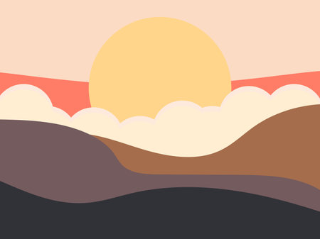 Mountain landscape in a minimalistic style. Sunrise and sunset, red sun. Boho decor for prints, posters and interior design. Mid Century modern decor. Trend style. Vector illustrationのイラスト素材