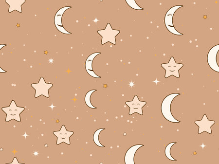 Good night. Sleeping crescent and stars seamless pattern. Night sky. Sweet dream, print for bed linen, pajamas and paper. Vector illustrationのイラスト素材