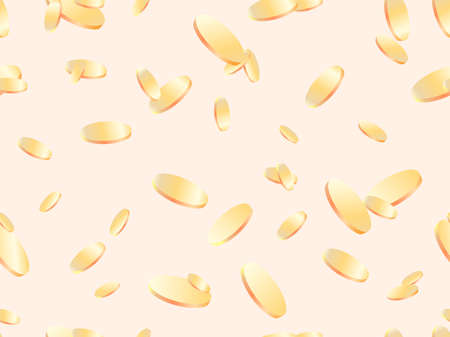 Golden coins seamless pattern. Flying gold coins on a white background, a lot of money. Background for printing on paper, advertising materials and fabric. Vector illustrationのイラスト素材