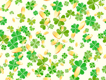 Gold coins and clover seamless pattern. Happy St. Patrick's Day. Festive background for advertising products, postcards and printing. Vector illustrationのイラスト素材