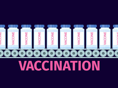 Conveyor of  virus vaccine vials. Vaccination against  . Middle East Respiratory Syndrome. Vector illustrationのイラスト素材