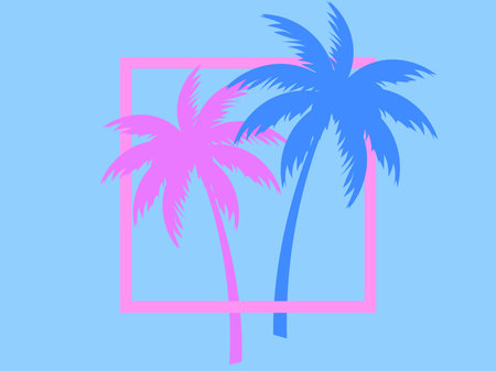 Two palm trees blue and pink color in a square frame. Retro style of the 80s. Design for advertising brochures, banners, posters, travel agencies. Vector illustrationのイラスト素材