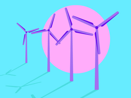 Wind turbines at sunset, pink sun in the style of the 80s. Wind park. Renewable green energy, clean...