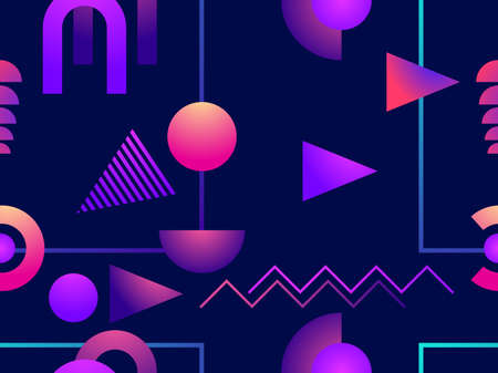 Gradient geometric seamless pattern in 80s style with memphis elements. Synthwave retro background. Retrowave. Background for printing on paper, advertising materials and fabric. Vector illustrationのイラスト素材