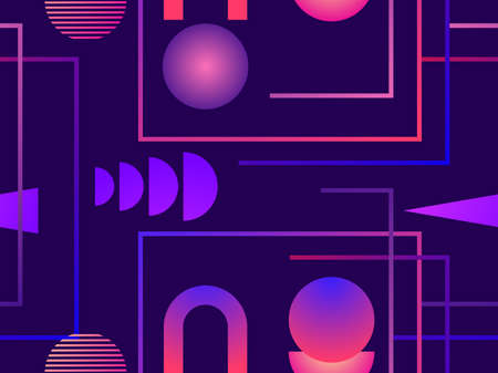Gradient geometric seamless pattern in 80s style with memphis elements. Synthwave retro background. Retrowave. Background for printing on paper, advertising materials and fabric. Vector illustrationのイラスト素材