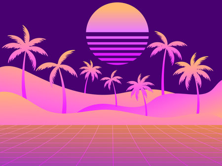 80s retro sci-fi landscape with palm trees. Retro futuristic sun. Synthwave retro background. Retrowave minimalistic style. Vector illustrationのイラスト素材